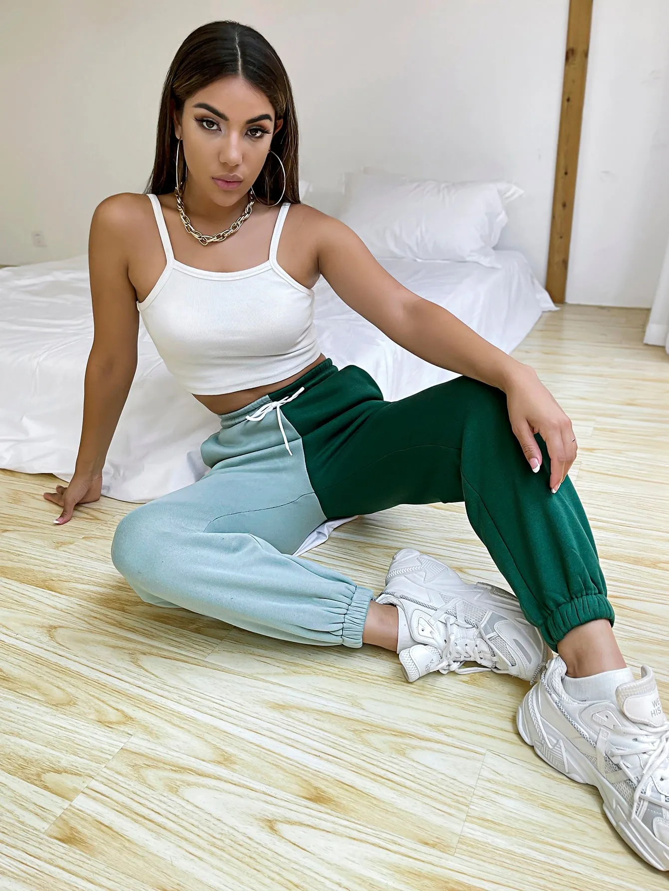 Colorblock Drawstring High Waist Long Women Sweatpants