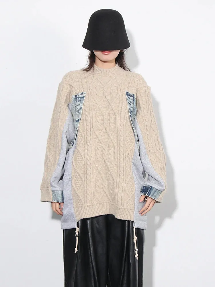 Colorblock Patchwork Denim Sweater For Women Round Neck Long Sleeve Spliced Drawstring Casual Sweaters Female New