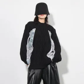 Colorblock Patchwork Denim Sweater For Women Round Neck Long Sleeve Spliced Drawstring Casual Sweaters Female New
