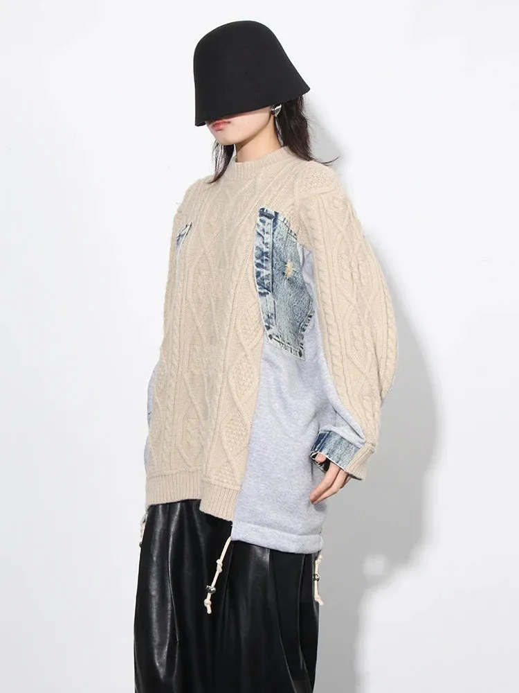 Colorblock Patchwork Denim Sweater For Women Round Neck Long Sleeve Spliced Drawstring Casual Sweaters Female New