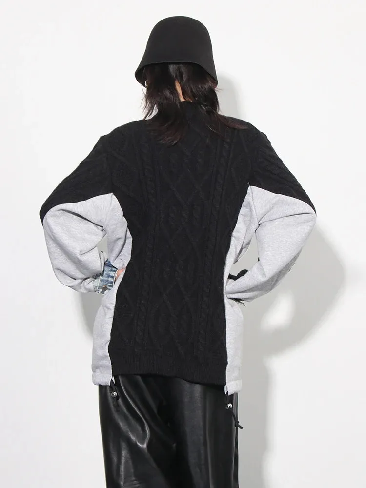 Colorblock Patchwork Denim Sweater For Women Round Neck Long Sleeve Spliced Drawstring Casual Sweaters Female New