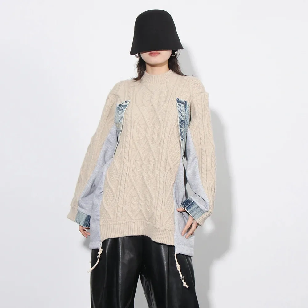 Colorblock Patchwork Denim Sweater For Women Round Neck Long Sleeve Spliced Drawstring Casual Sweaters Female New