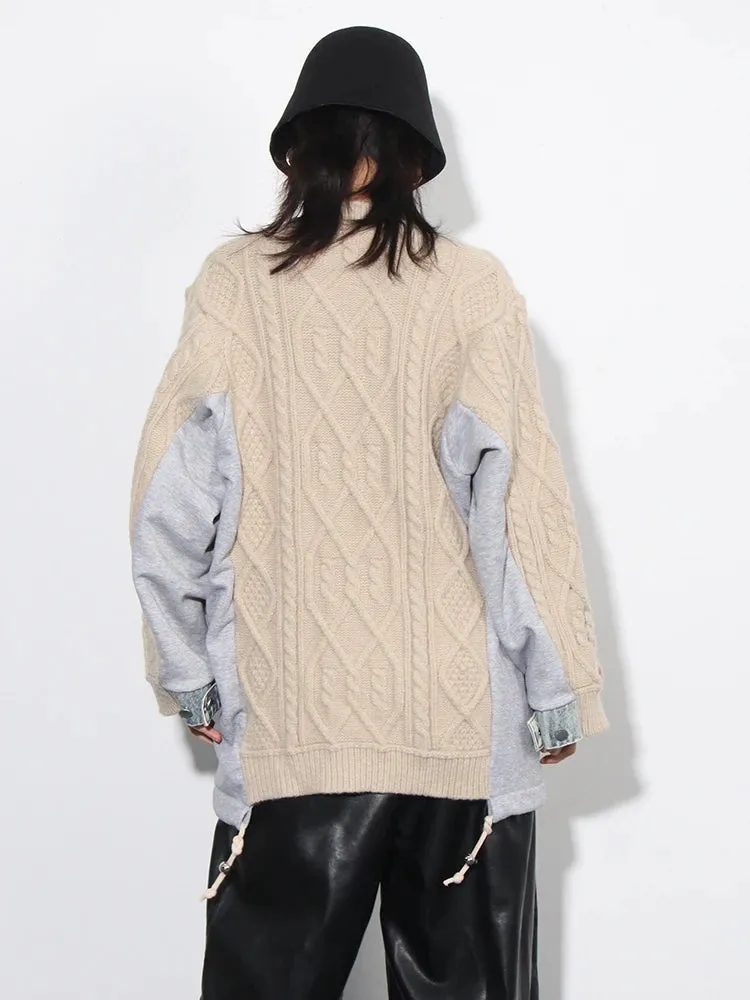 Colorblock Patchwork Denim Sweater For Women Round Neck Long Sleeve Spliced Drawstring Casual Sweaters Female New