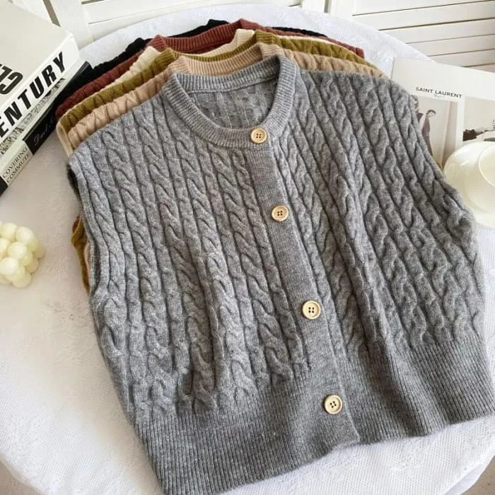 Crew Neck Plain Cable Knit Button Sweater Vest