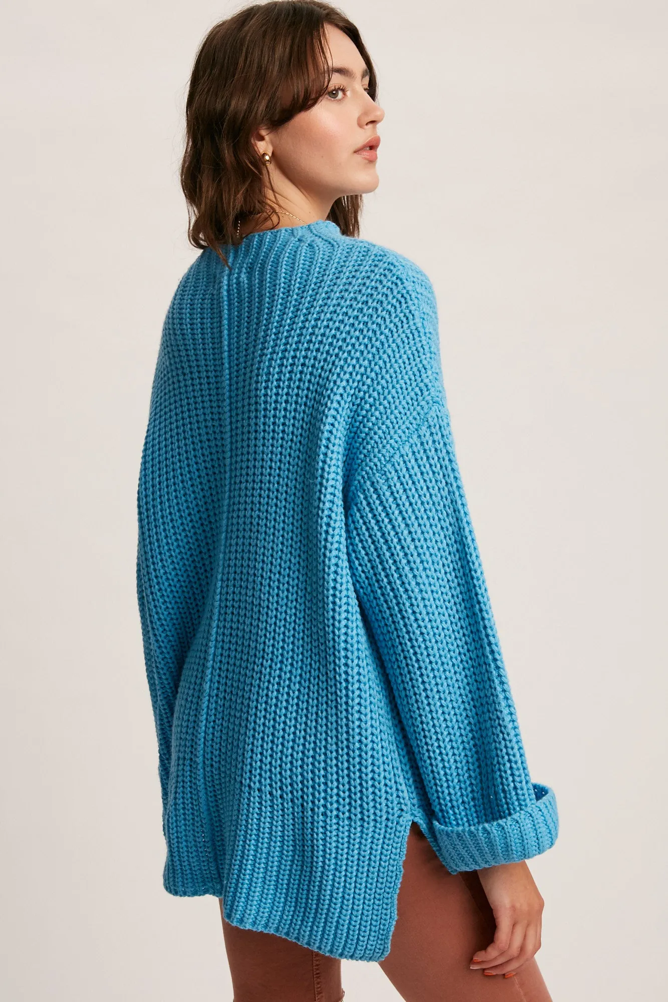 cuff sleeve pullover knit sweater - aqua