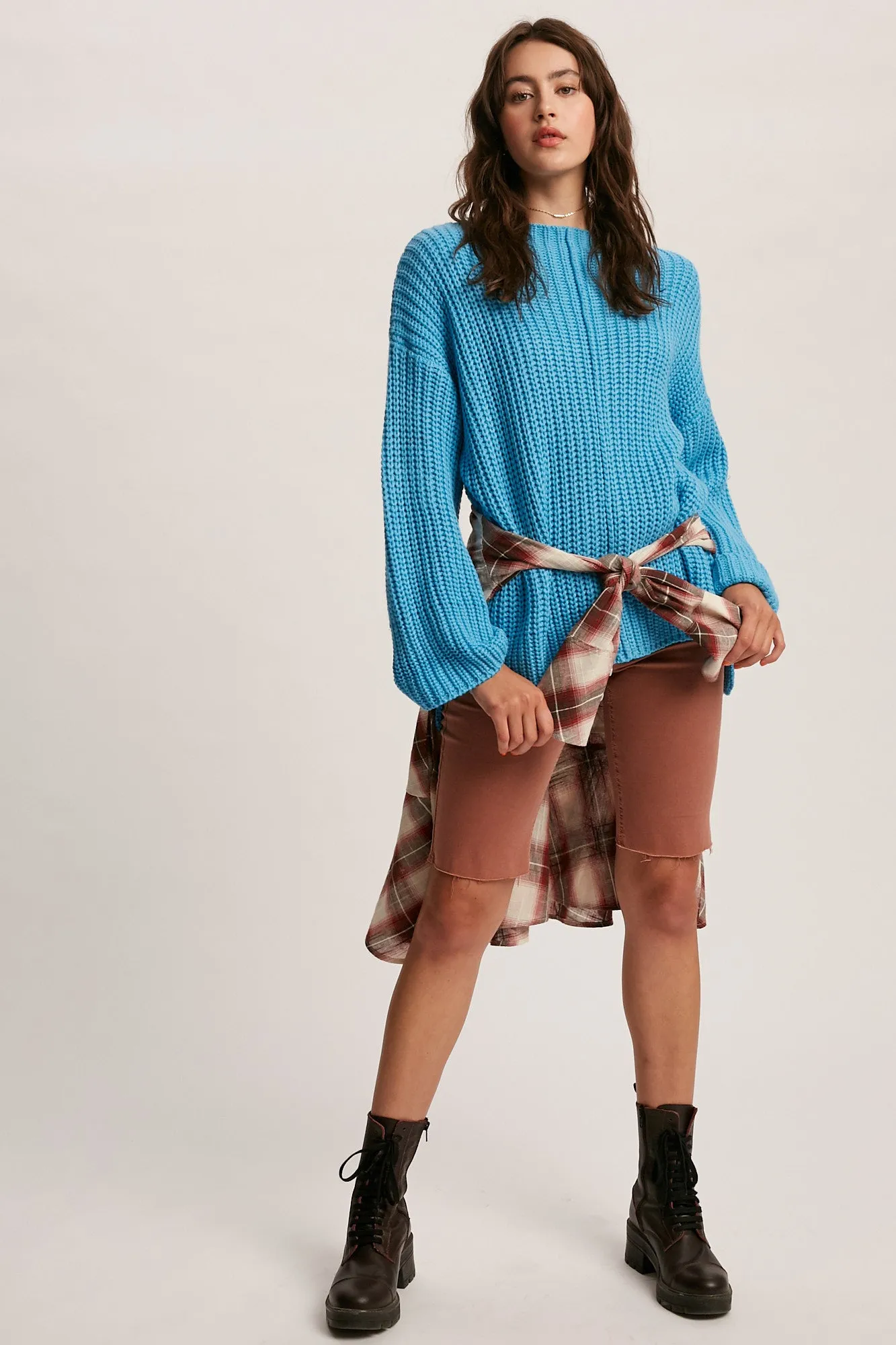 cuff sleeve pullover knit sweater - aqua