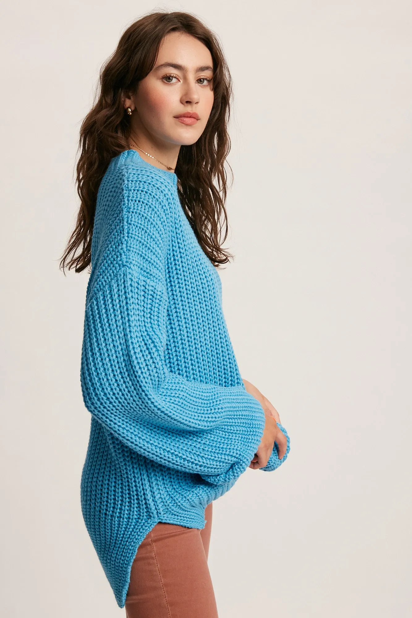 cuff sleeve pullover knit sweater - aqua