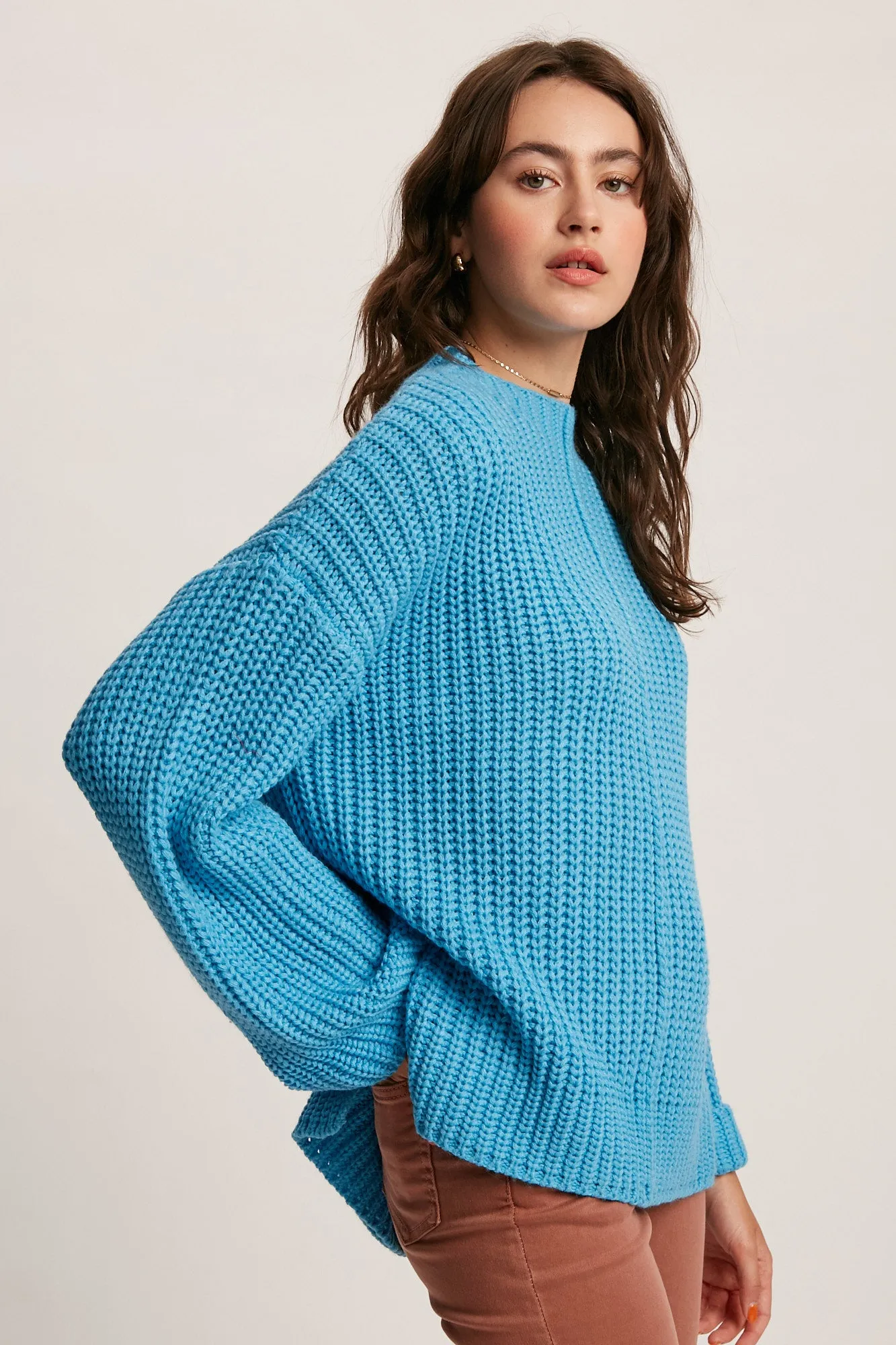 cuff sleeve pullover knit sweater - aqua