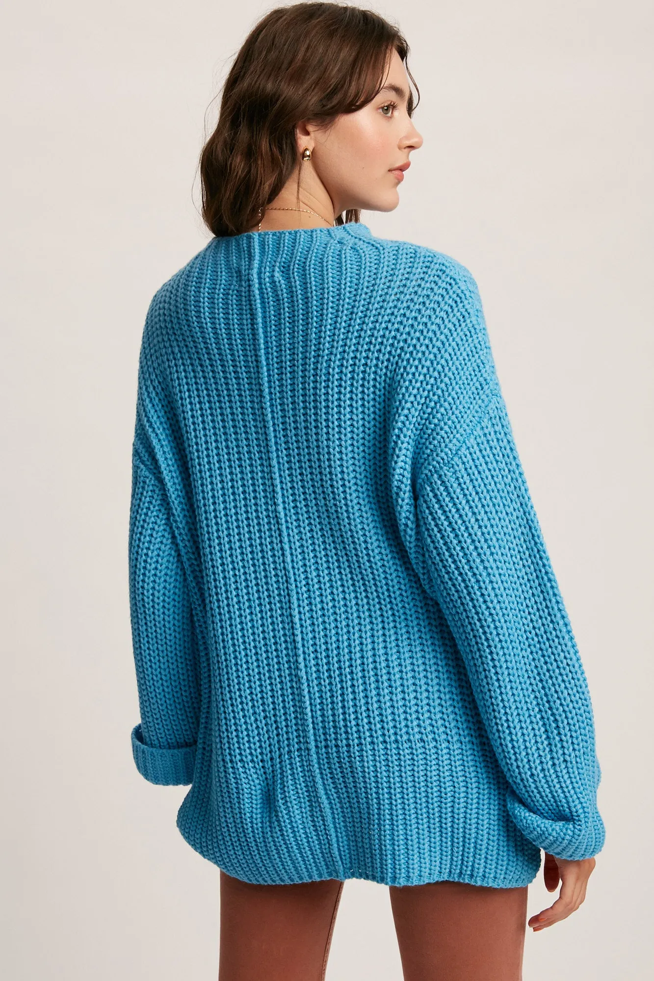 cuff sleeve pullover knit sweater - aqua