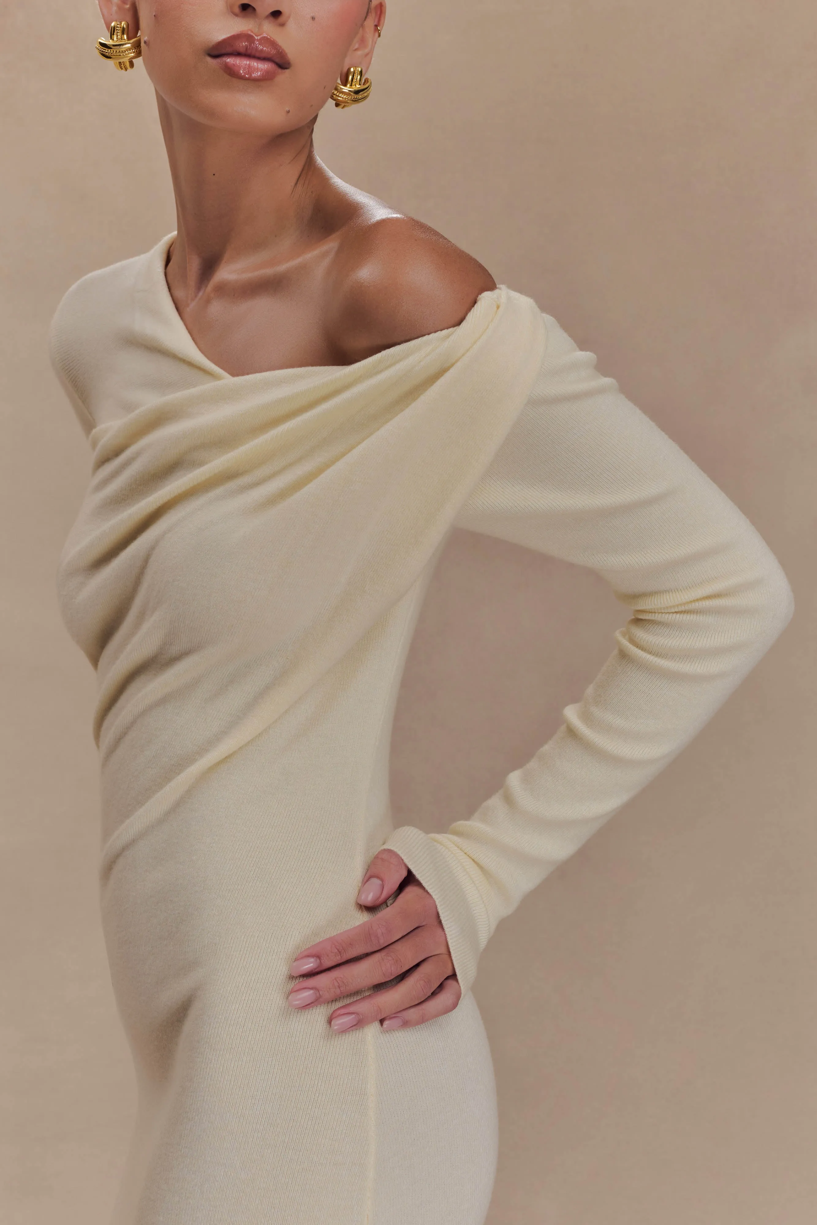 Culver Draped Twist Knit Midi Dress - Cream
