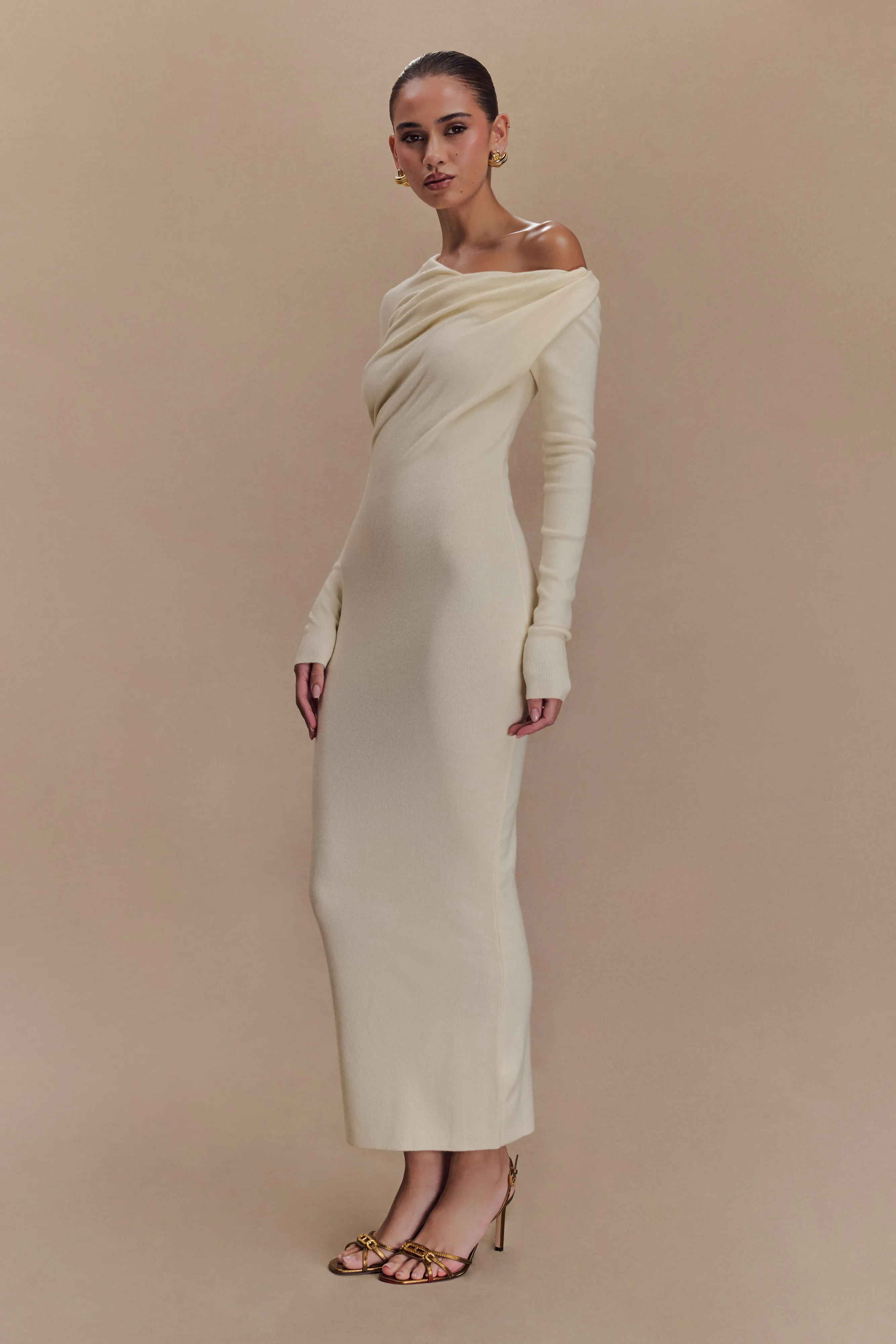 Culver Draped Twist Knit Midi Dress - Cream