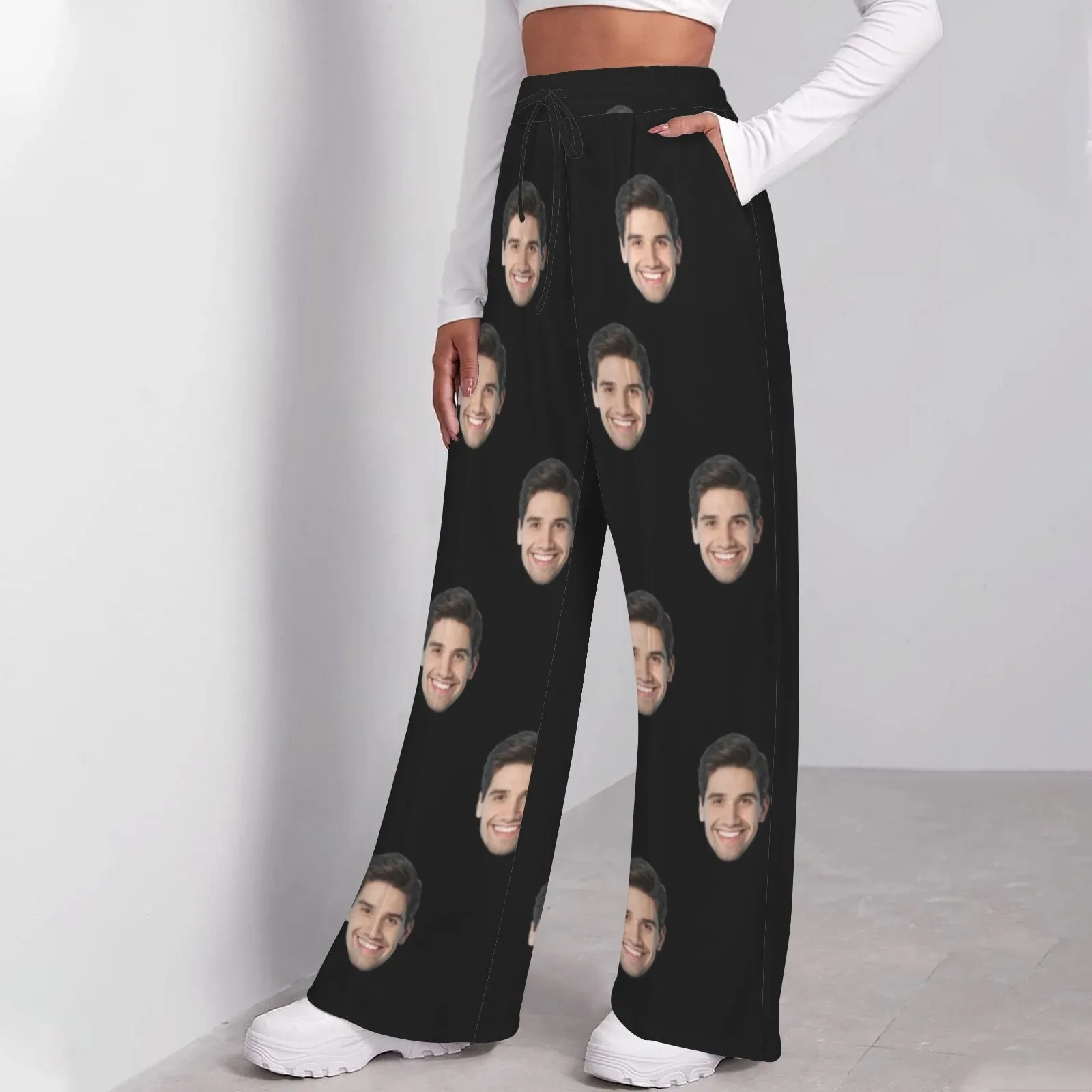 Custom Face Solid Black Women's Drawstring Wide Leg Sweatpants