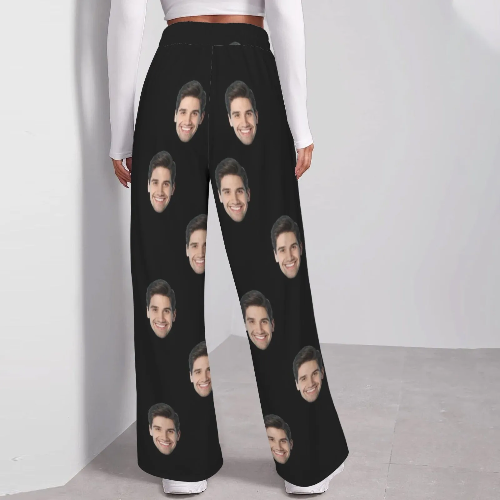 Custom Face Solid Black Women's Drawstring Wide Leg Sweatpants