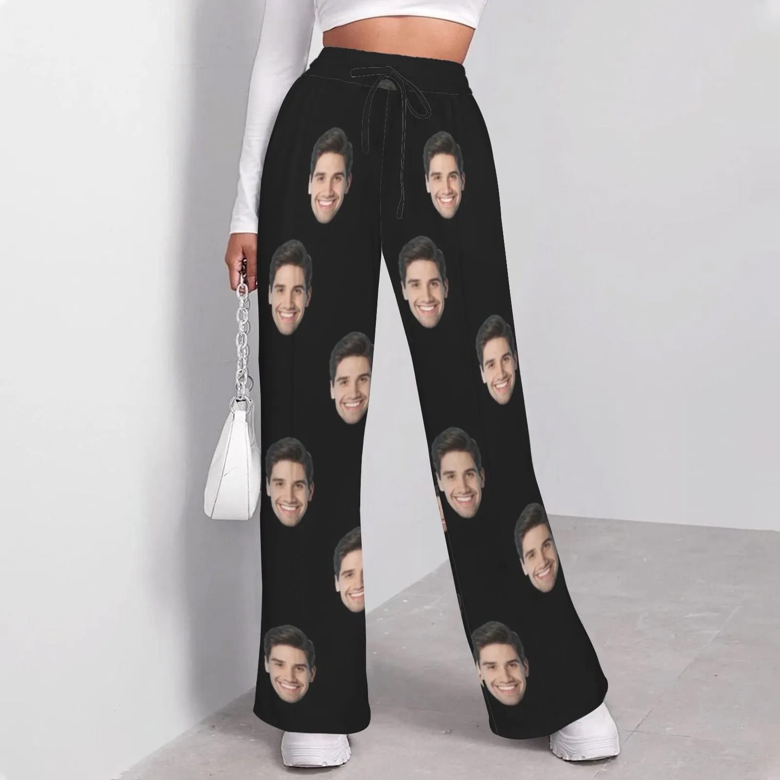 Custom Face Solid Black Women's Drawstring Wide Leg Sweatpants