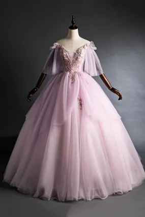 Cute V-Neck Tulle Lace Long Prom Dress, A-Line Evening Party Dress