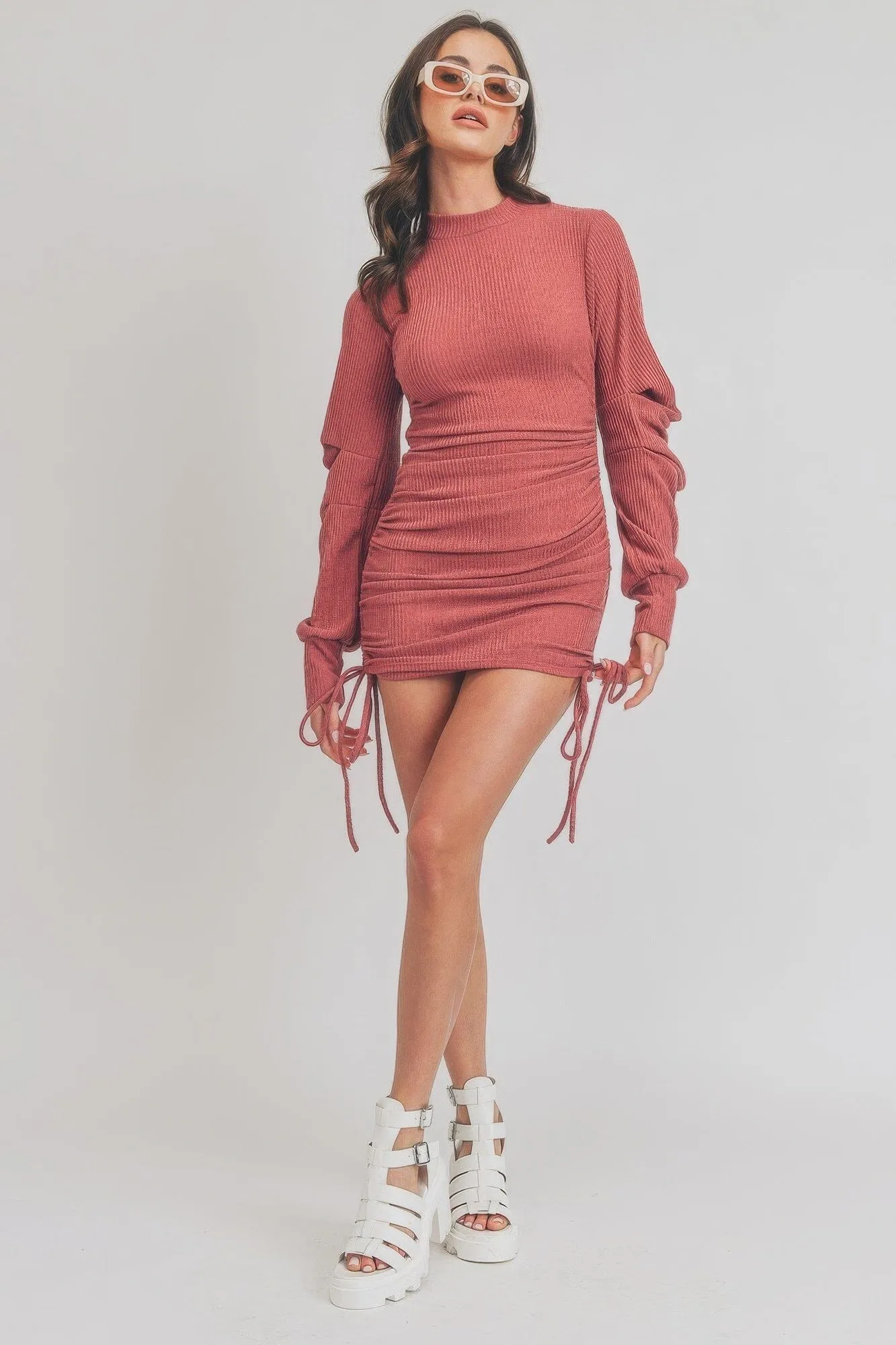Dark Mauve Solid Color Mock Neck Mini Bodycon Dress_