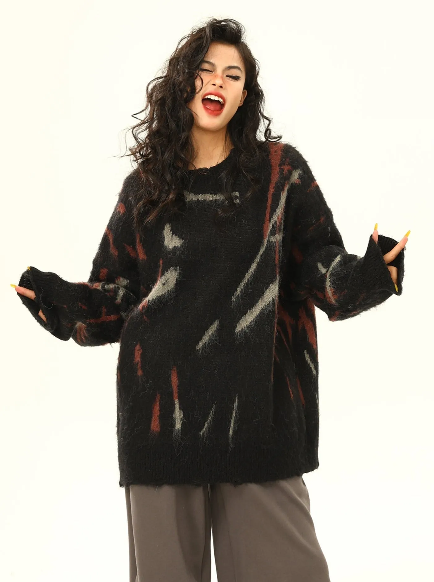Distressed Abstract Pattern Oversized Sweater
