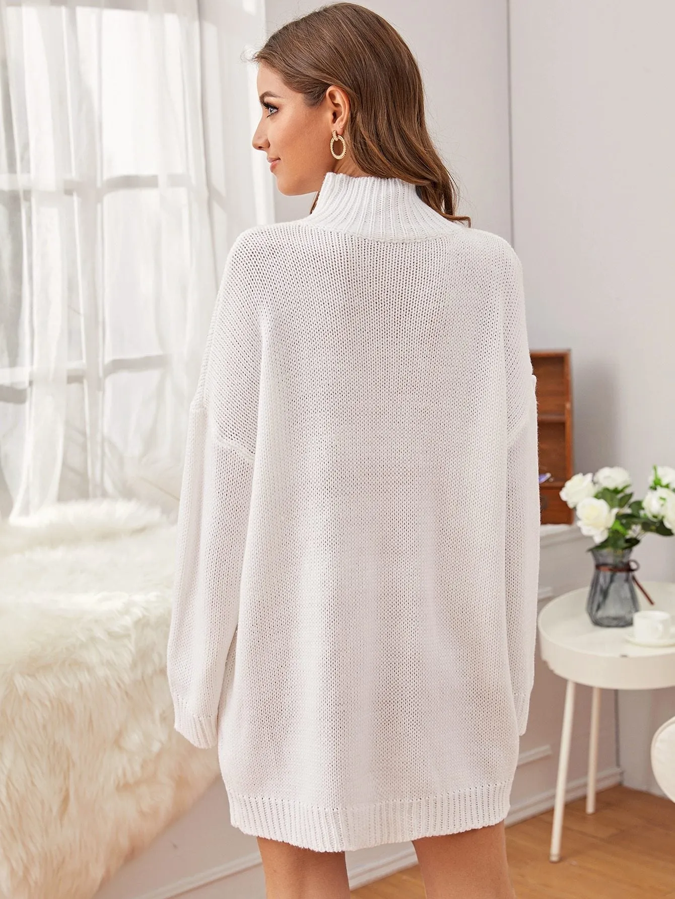 Drop Shoulder High Neck Cable Knit Jumper Dress Without Belt