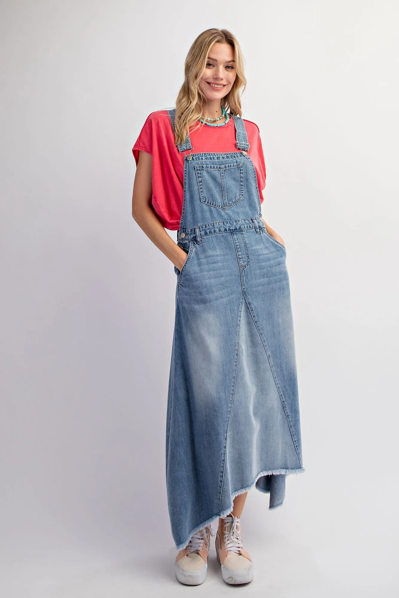 Easel Denim Overall Dress in Washed Denim