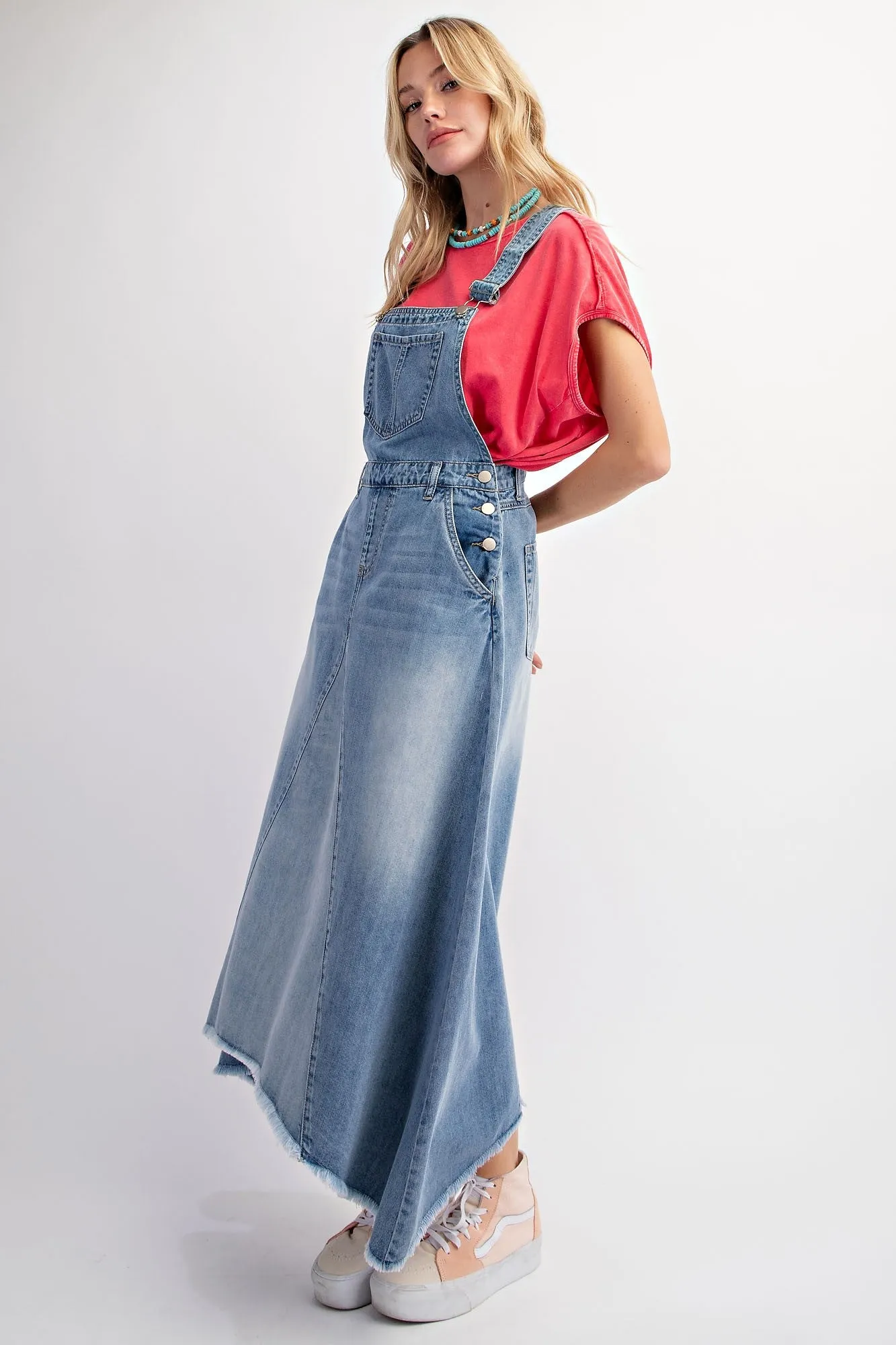Easel Denim Overall Dress in Washed Denim