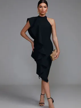 Elegant Black Ruffle Midi Bodycon Dress
