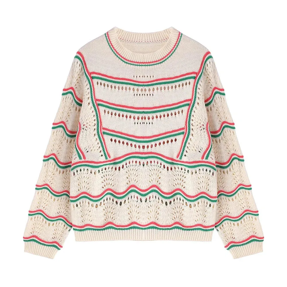 Fall Winter French Color Contrast Striped Sweet Crochet Hollow Knitted Sweater  C-074