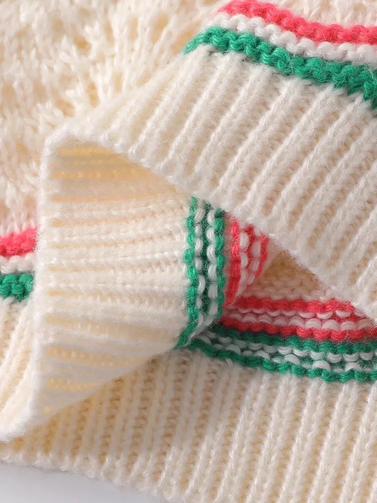 Fall Winter French Color Contrast Striped Sweet Crochet Hollow Knitted Sweater  C-074
