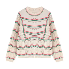 Fall Winter French Color Contrast Striped Sweet Crochet Hollow Knitted Sweater  C-074