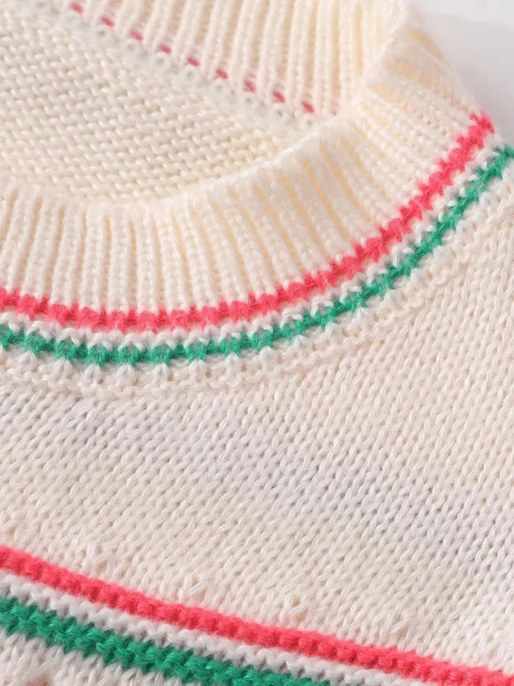 Fall Winter French Color Contrast Striped Sweet Crochet Hollow Knitted Sweater  C-074