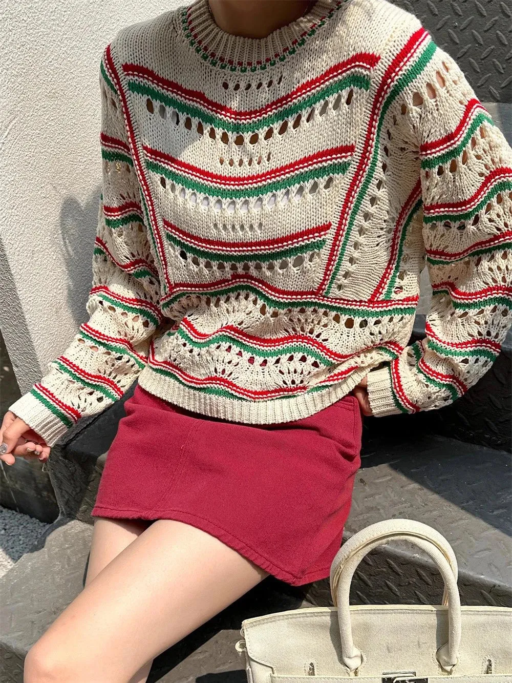 Fall Winter French Color Contrast Striped Sweet Crochet Hollow Knitted Sweater  C-074