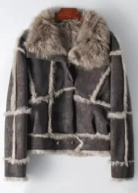 Fashion Dark Grey Rabbit Hair Collar Zippered Patchwork Leather And Fur Coat Winter ML1188