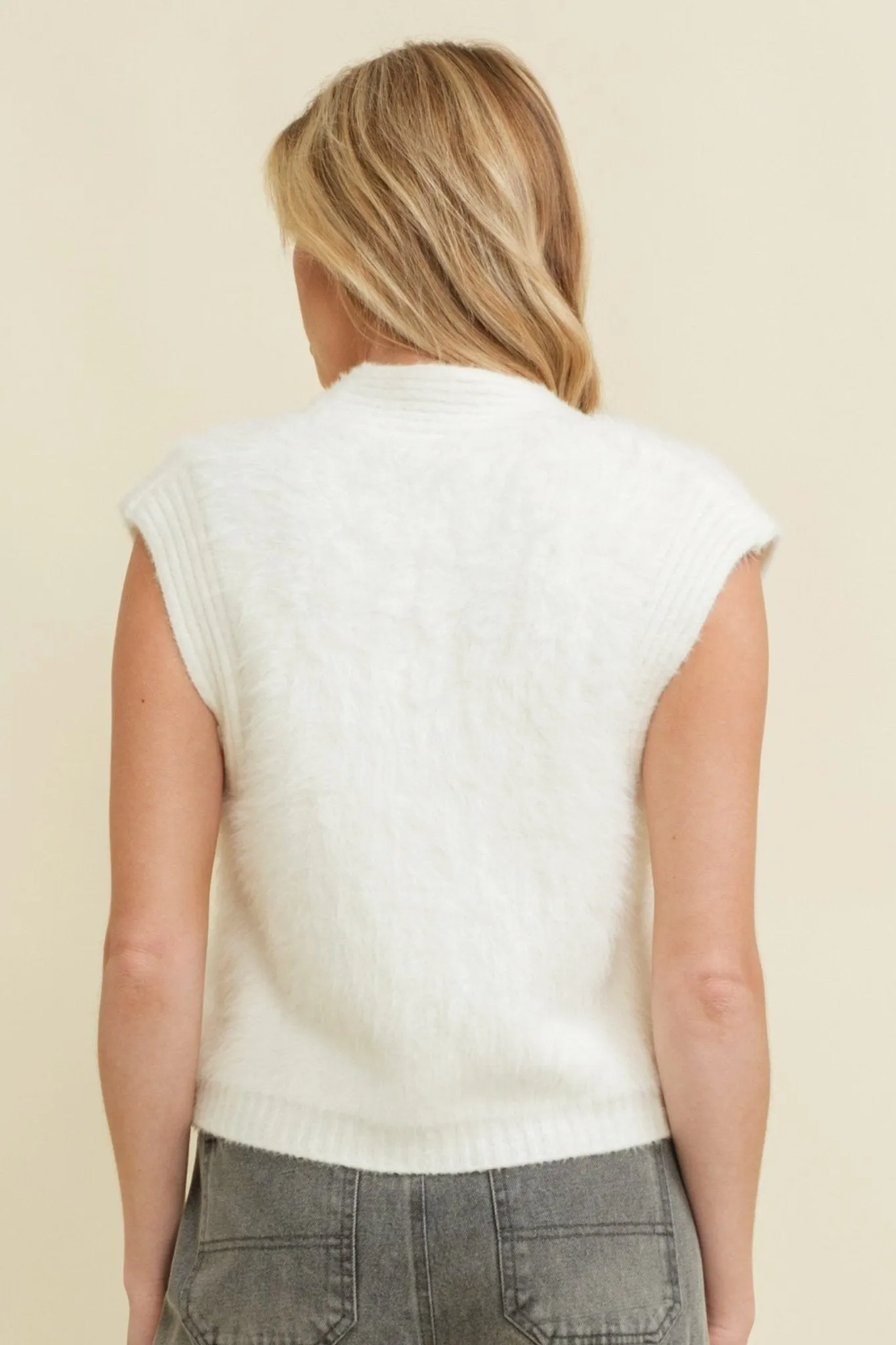 Fuzzy Ivory Sweater Vest with Buttons