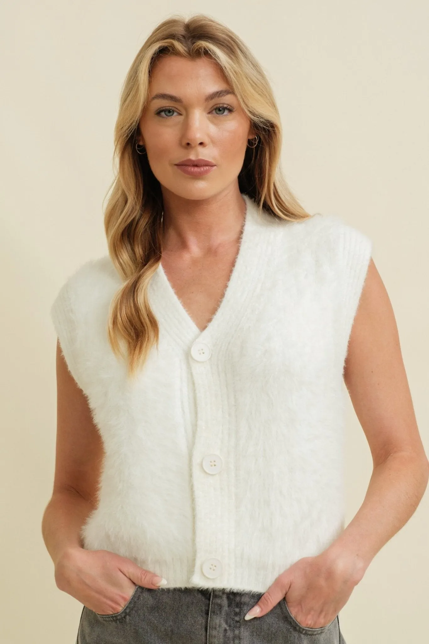 Fuzzy Ivory Sweater Vest with Buttons