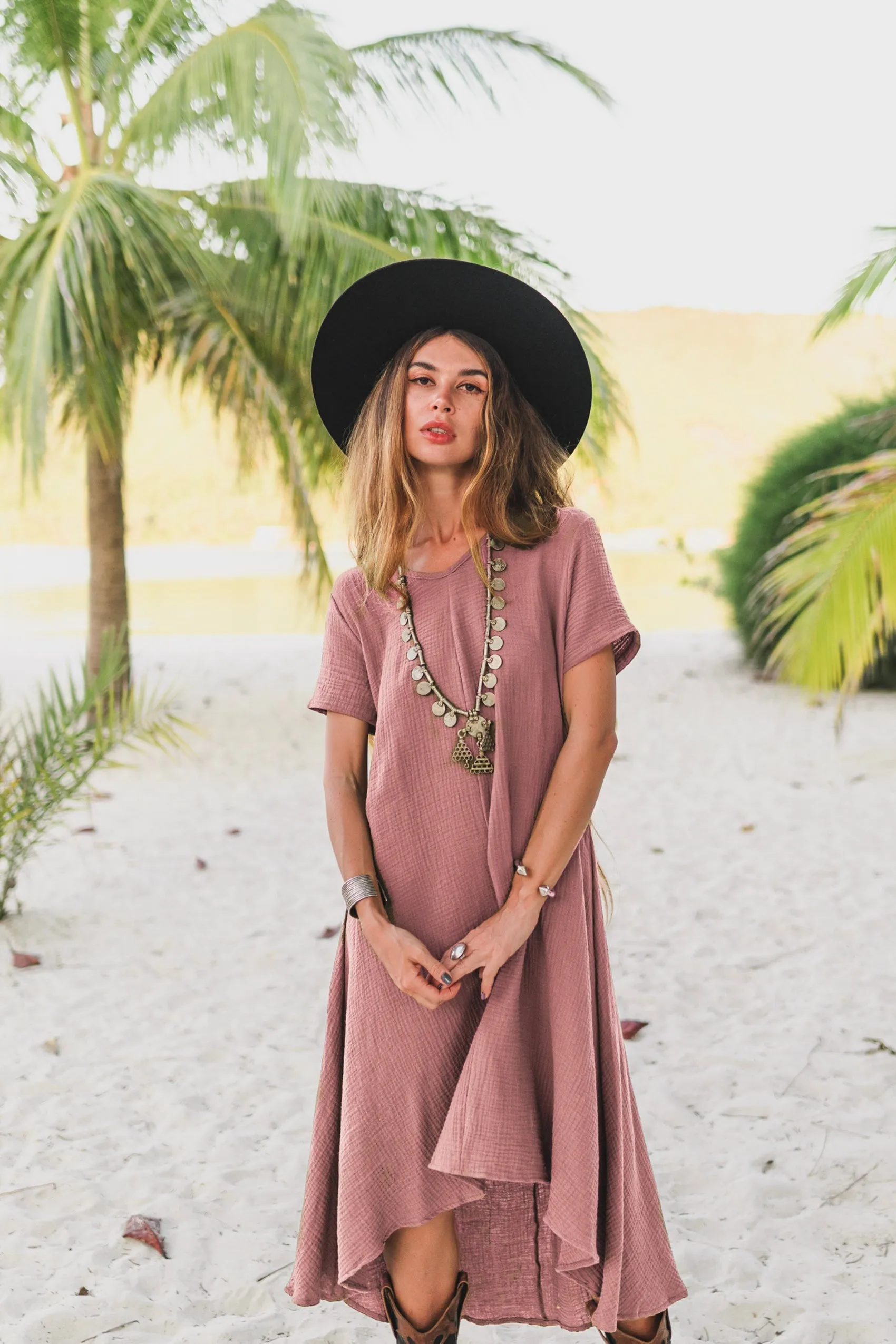Gauze Cotton Dress Rhea Dusty Rose