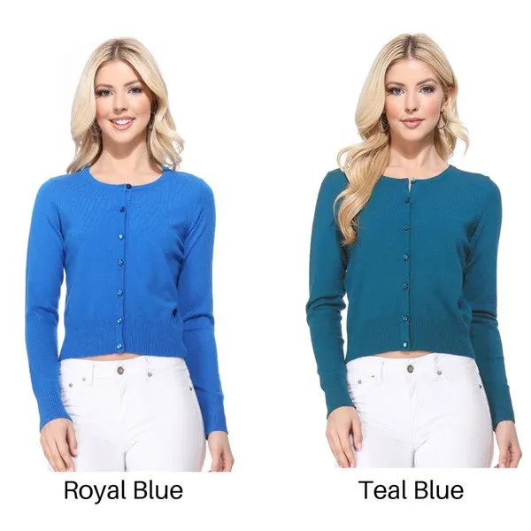 Gem Button Crew Neck Long Sleeve Sweater Cardigan