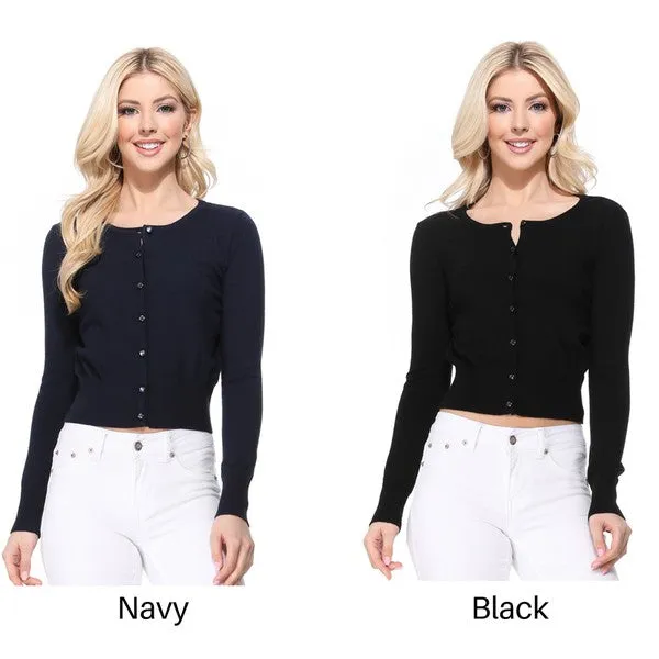 Gem Button Crew Neck Long Sleeve Sweater Cardigan