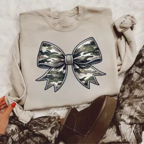 Glitter Camo Bow Coquette Crewneck Sweatshirt