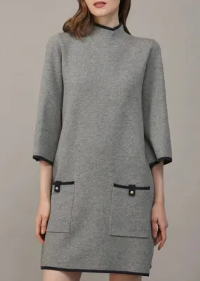 Grey Contrast Knit Mock Neck Dress
