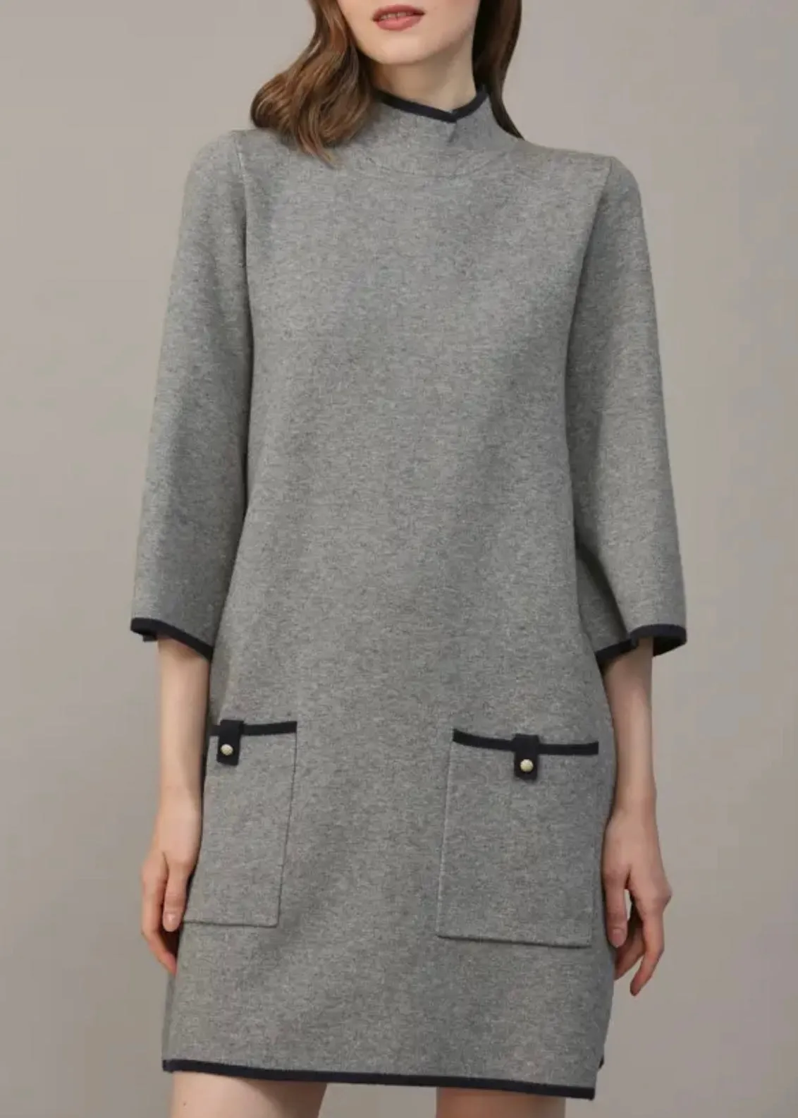Grey Contrast Knit Mock Neck Dress