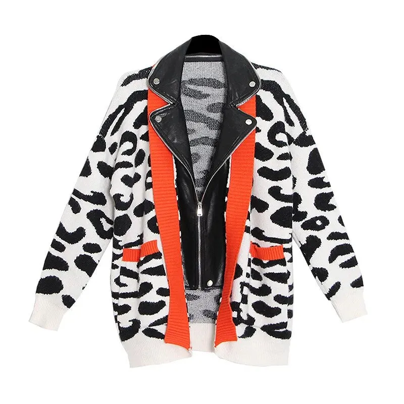 Hit Color Loose Sweater For Women Lapel Long Sleeve Print Leopard Sweaters Female Fashion Clothing Spring Tide