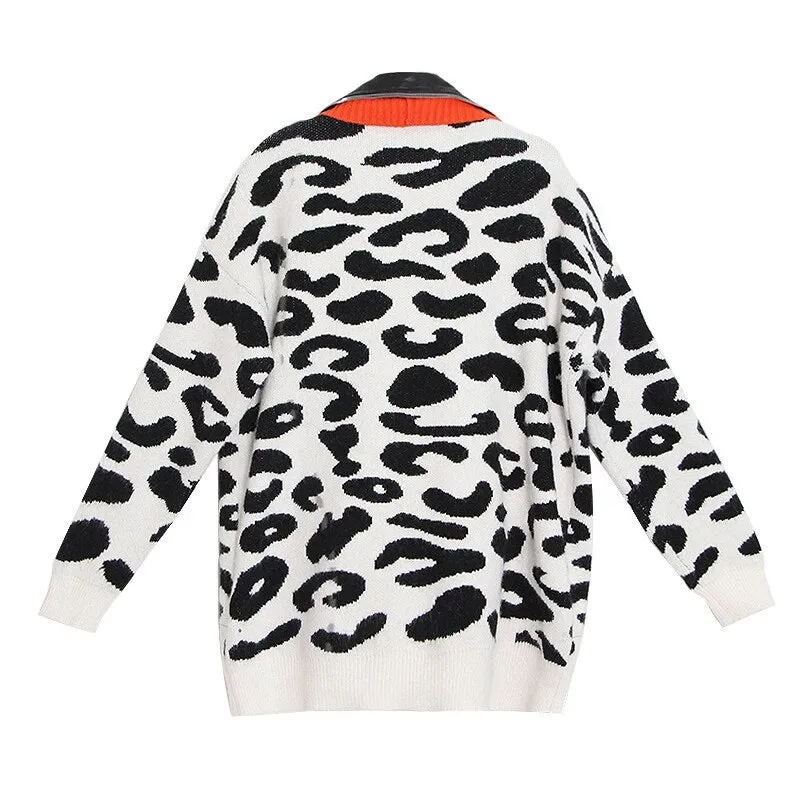 Hit Color Loose Sweater For Women Lapel Long Sleeve Print Leopard Sweaters Female Fashion Clothing Spring Tide