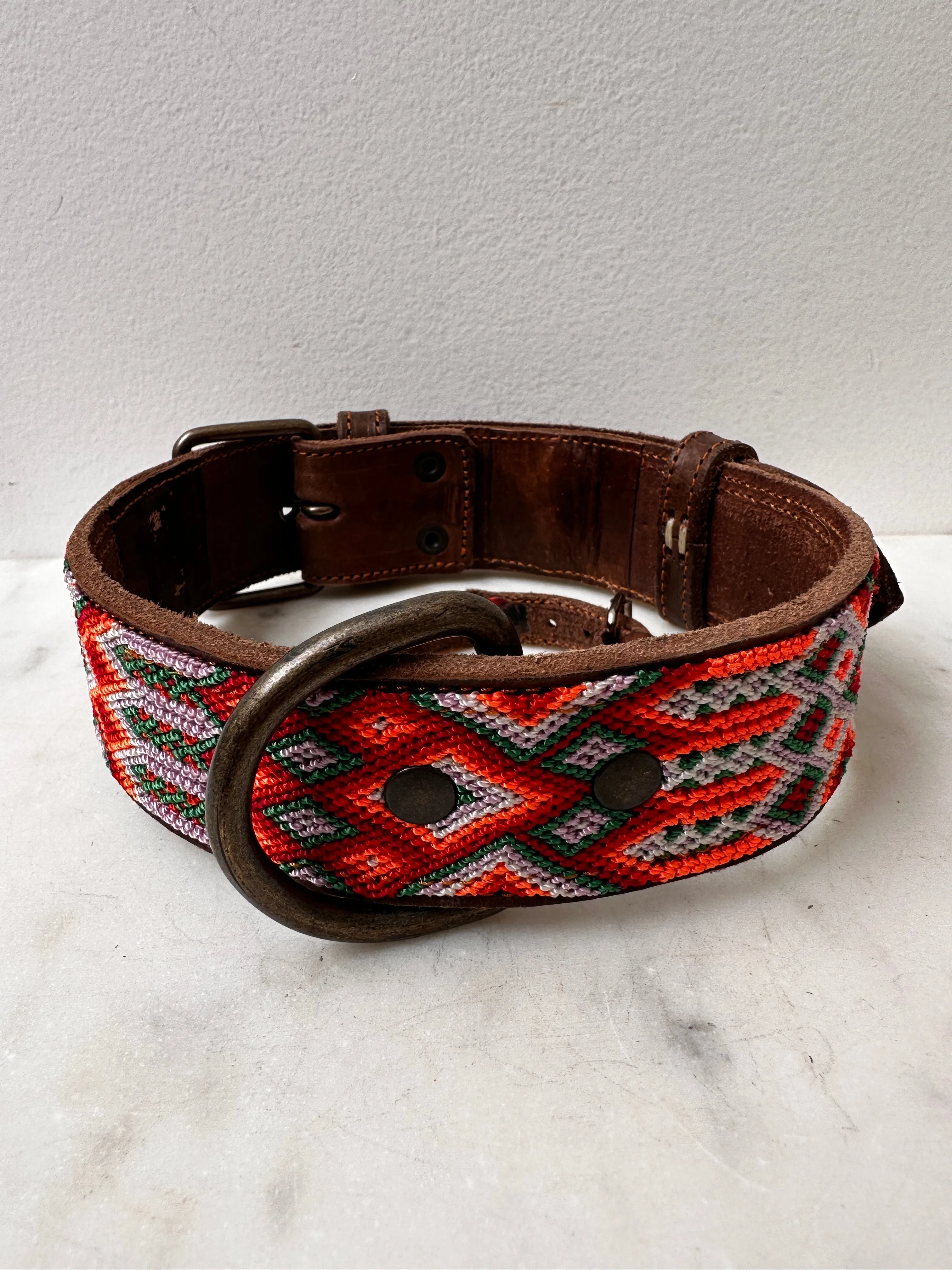 Huichol Leather Wide Dog Collar L9