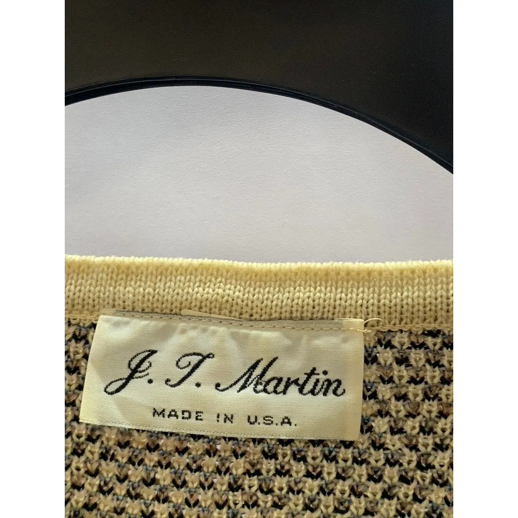 J.T Martin Women's Vintage Tan/Black/Blue Printed Crewneck Knit Sweater SZ 14