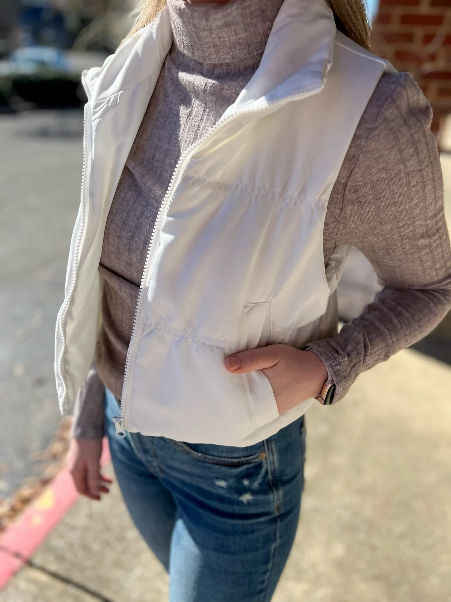 Just One Chance White Zip Front Puffer Vest
