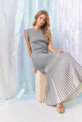 Knit Midi Dress with Contrast Pleated Skirt