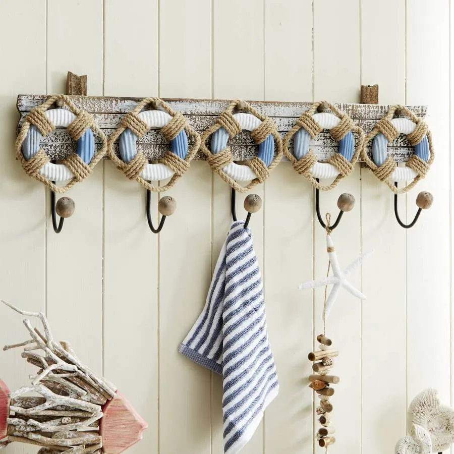 Large Nautical Life Buoy Driftwood Wall Hooks - 5 Hook