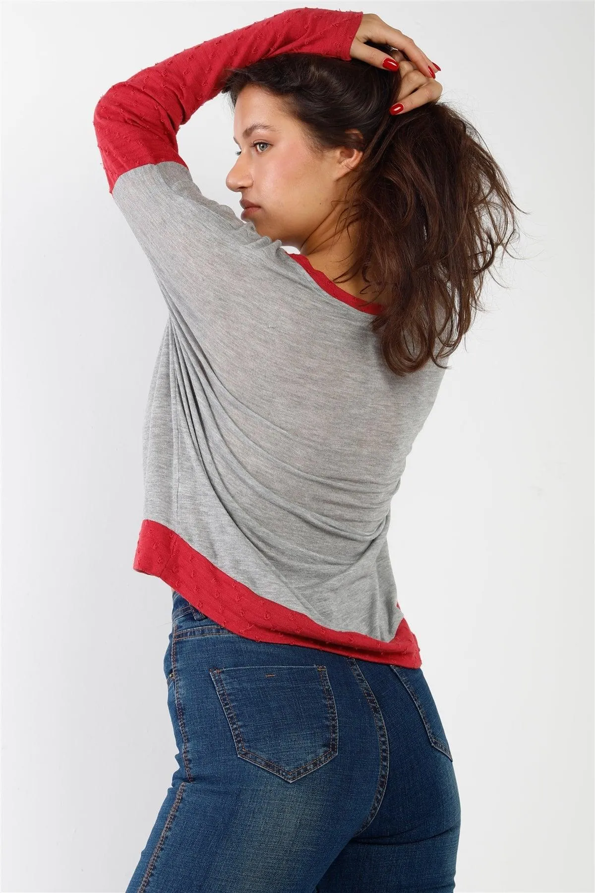 Lightweight Knit Grey Red Distress Detailing Top /2-2-2