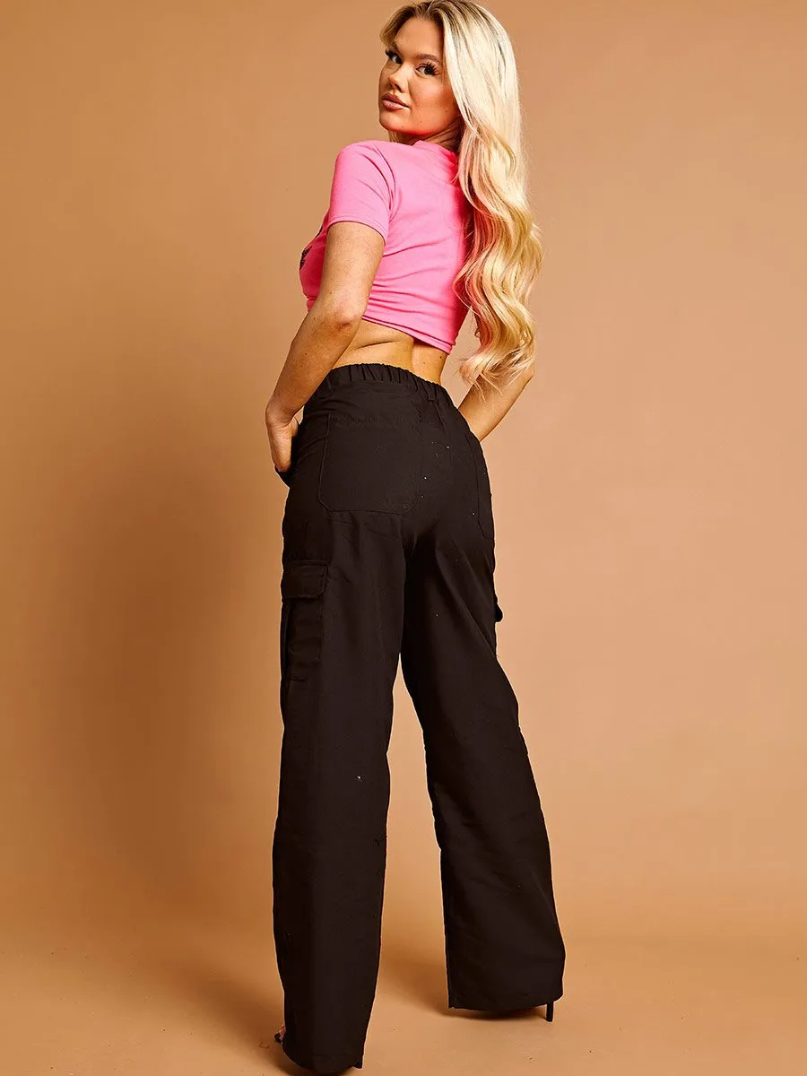 Loren Wide Leg Cargo Trousers In Black