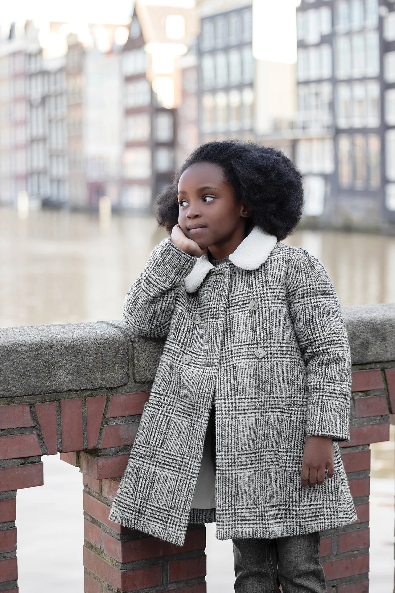 Manteau - Carreaux gris col imitation fourrure