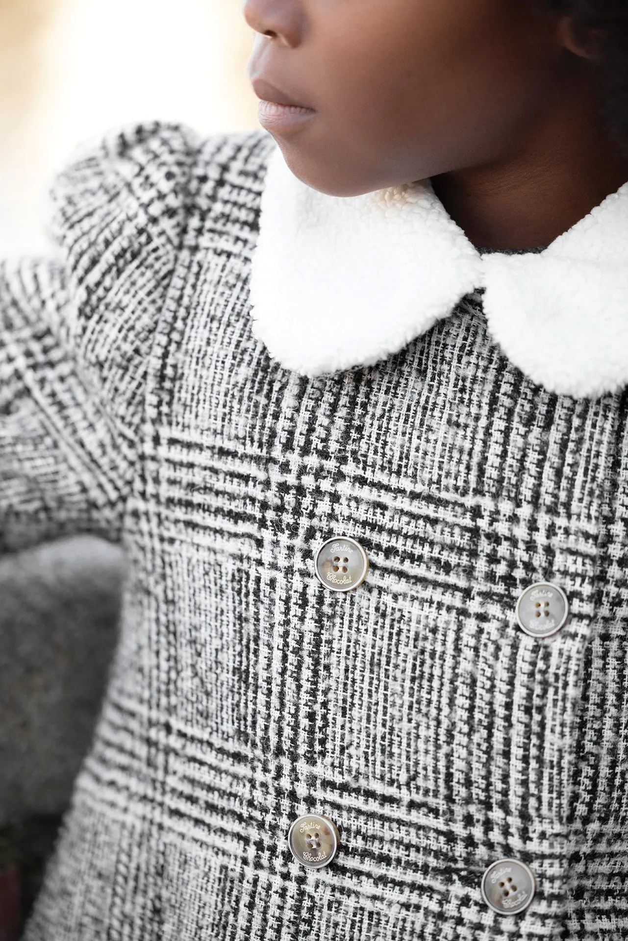 Manteau - Carreaux gris col imitation fourrure